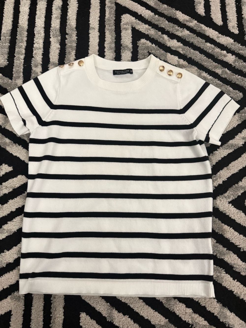 White & Black Striped Short Sleeve Sweater with Gold Buttons